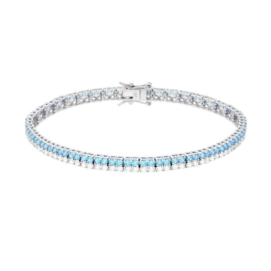 Bracciale Tennis Griffe cm 18 due fili Zirconi mm 2 Acquamarina e Bianco in ARGENTO Galvanica Rodio