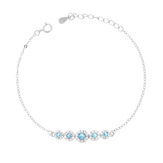 Bracciale Catena Forzatina Diamantata con Fiori Cubic Zirconia Acquamarina e Bianchi in ARGENTO 925 Galvanica Rodio