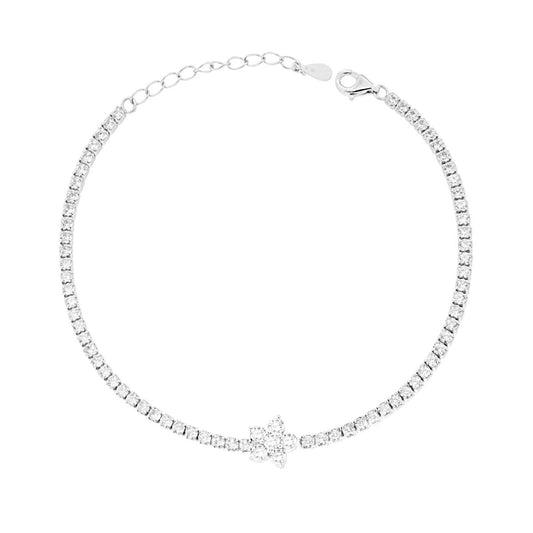 Bracciale Tennis con Fiore e Cubic Zirconia Bianchi in ARGENTO Galvanica Rodio