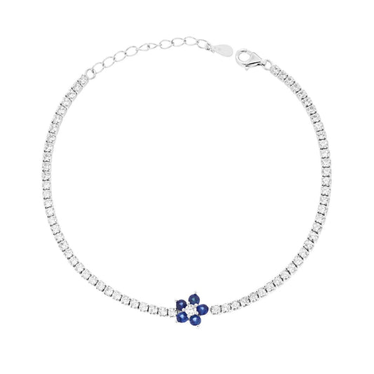 Bracciale Tennis con Fiore Blu Zaffiro e Cubic Zirconia Bianchi in ARGENTO Galvanica Rodio