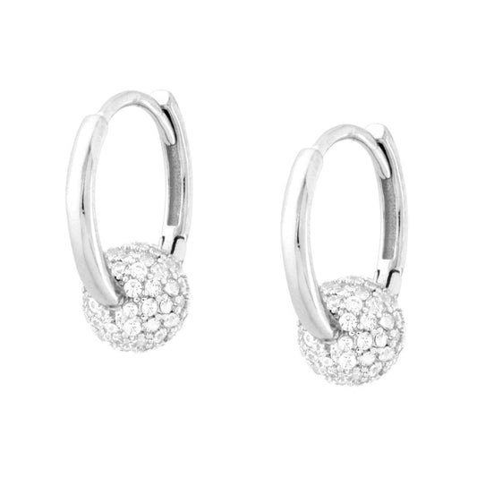 Orecchini Cerchio a Scattino mm 13 con Sfera Cubic Zirconia Bianchi in ARGENTO 925 Galvanica Rodio