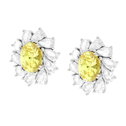 Orecchini Ovale Topazio Giallo contornato da gocce Cubic Zirconia Bianchi in ARGENTO 925 Galvanica Rodio