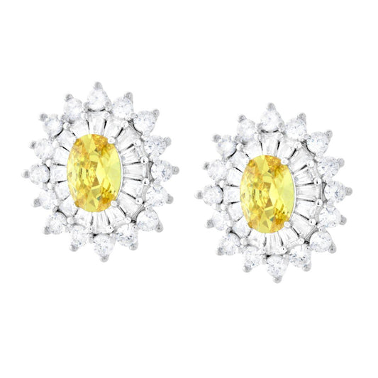 Orecchini Ovale Topazio Giallo contornato da Cubic Zirconia Trapezio Bianchi in ARGENTO 925 Galvanica Rodio