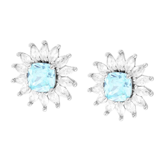 Orecchini Quadrato Acquamarina contornato da Cubic Zirconia Marquise Bianchi in ARGENTO 925 Galvanica Rodio
