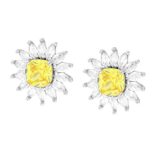 Orecchini Quadrato Topazio Giallo contornato da Cubic Zirconia Marquise Bianchi in ARGENTO 925 Galvanica Rodio