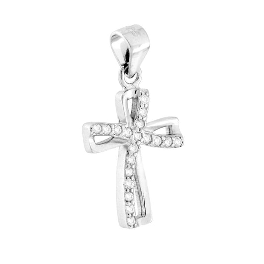 Ciondolo Croce Nastro con Cubic Zirconia Bianchi in ARGENTO 925 Galvanica Rodio