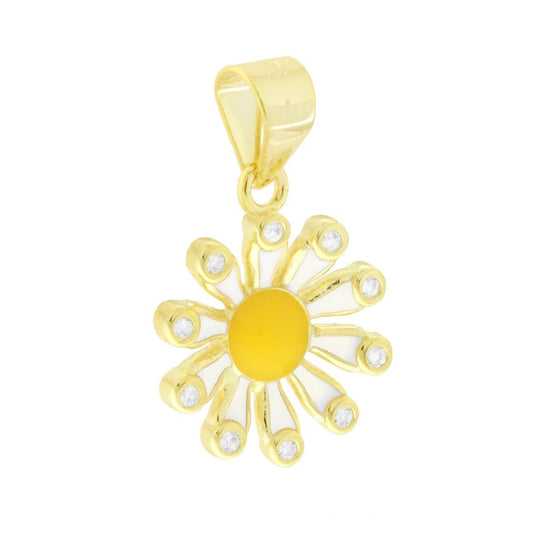 Ciondolo Fiore con Cubic Zirconia Bianchi e Smalto Giallo e Bianco in ARGENTO 925 Galvanica Oro