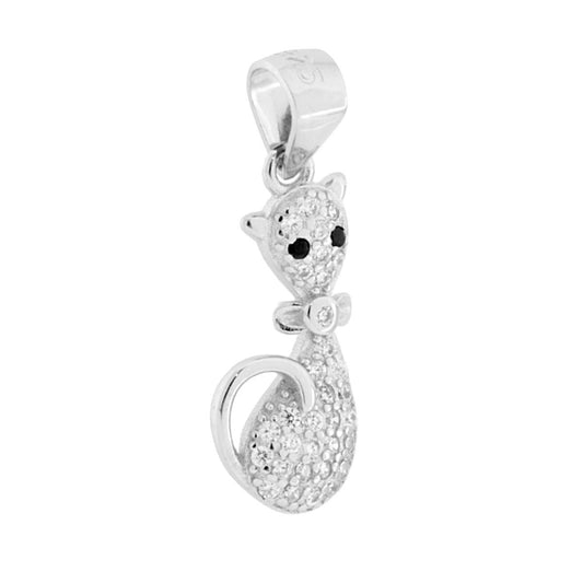 Ciondolo Gatto con Cubic Zirconia Bianchi in ARGENTO 925 Galvanica Rodio