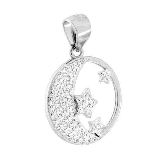 Ciondolo Luna Stelle con Cubic Zirconia Bianchi in ARGENTO 925 Galvanica Rodio