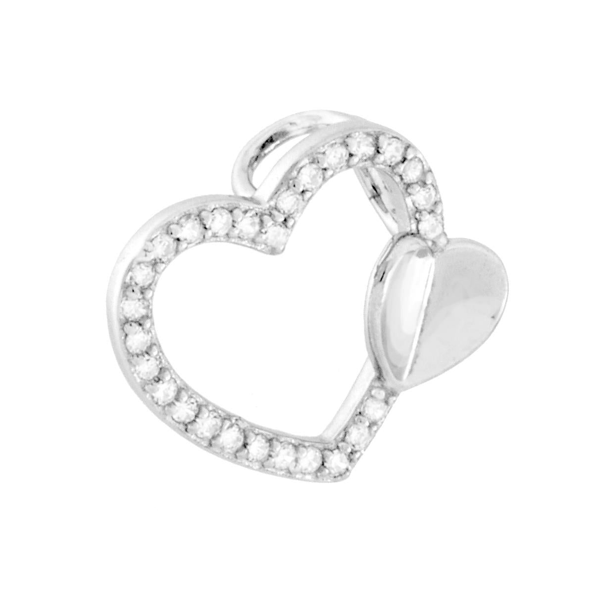 Ciondolo Cuore passante con Cuoricino e Cubic Zirconia Bianchi in ARGENTO 925 Galvanica Rodio