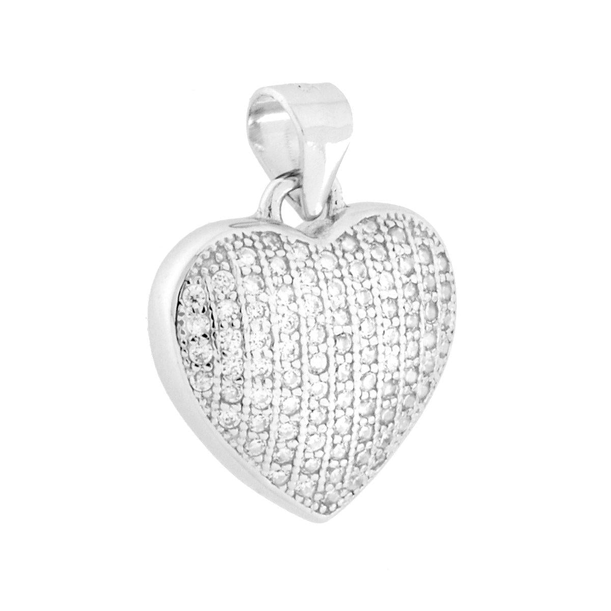 Ciondolo Cuore Bombato e Cubic Zirconia Bianchi in ARGENTO 925 Galvanica Rodio