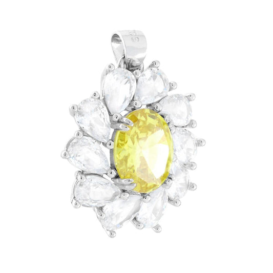 Ciondolo Ovale Topazio Giallo contornato da gocce Cubic Zirconia Bianchi in ARGENTO 925 Galvanica Rodio