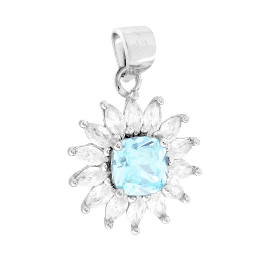 Ciondolo Quadrato Acquamarina contornato da Cubic Zirconia Marquise Bianchi in ARGENTO 925 Galvanica Rodio