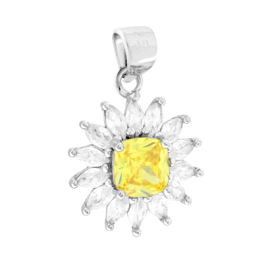 Ciondolo Quadrato Topazio Giallo contornato da Cubic Zirconia Marquise Bianchi in ARGENTO 925 Galvanica Rodio