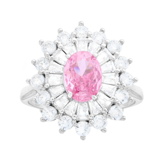 Anello Ovale Rosa contornato da Cubic Zirconia Trapezio Bianchi in ARGENTO 925 Galvanica Rodio