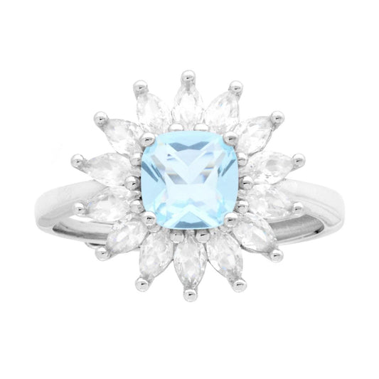 Anello Solitario Quadrato Acquamarina contornato da Cubic Zirconia Marquise Bianchi in ARGENTO 925 Galvanica Rodio