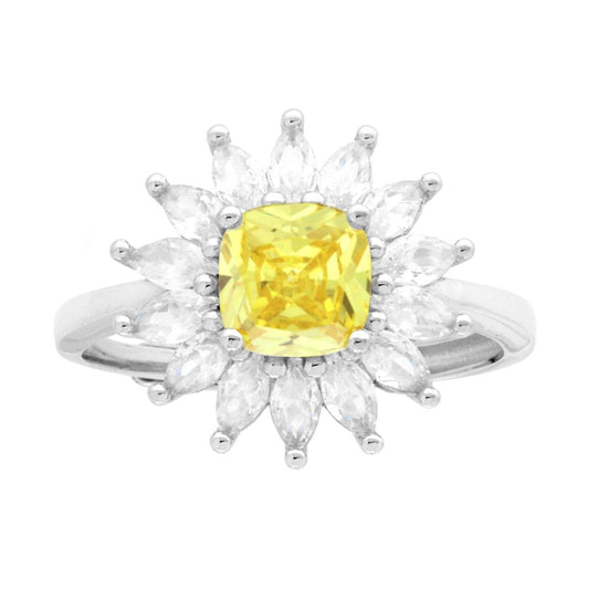 Anello Solitario Quadrato Topazio Giallo contornato da Cubic Zirconia Marquise Bianchi in ARGENTO 925 Galvanica Rodio