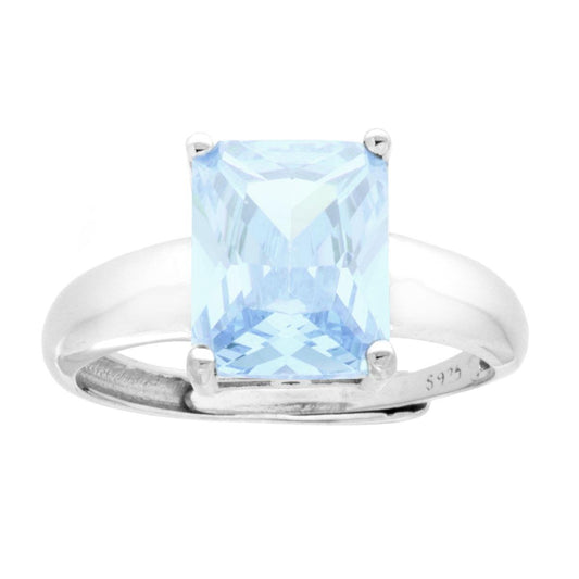 Anello Solitario Rettangolo Cubic Zirconia Acquamarina in ARGENTO 925 Galvanica Rodio