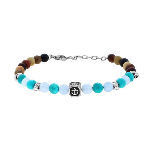 Bracciale Catena con Pietre Naturali Multicolor e Cubo con Ancora in ACCIAIO