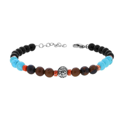 Bracciale Catena con Pietre Naturali Multicolor e Sfera con Rosa dei Venti in ACCIAIO