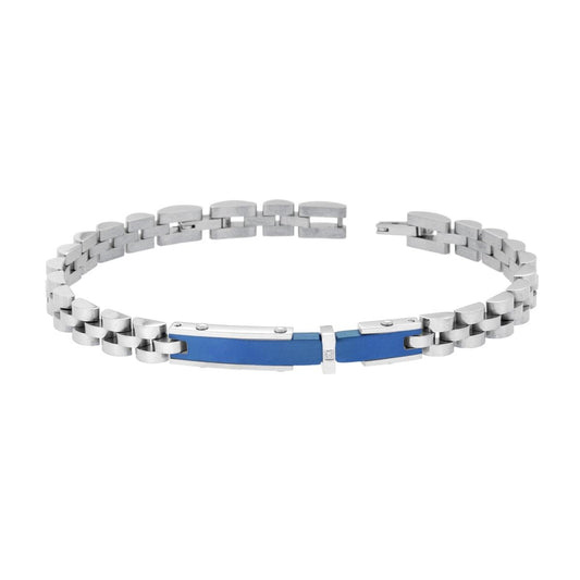 Bracciale Uomo Catena Imperniata con Targa Blu e Crystal Bianco in ACCIAIO