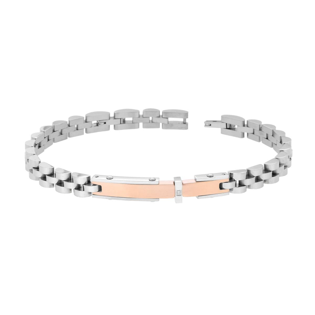 Bracciale Uomo Catena Imperniata con Targa Rosa e Cubic Zirconia Bianco in ACCIAIO