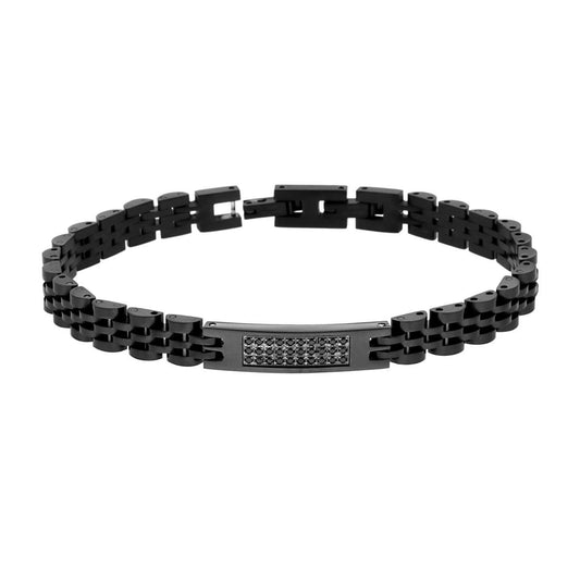 Bracciale Uomo Catena Imperniata con Targa e Crystal Neri in ACCIAIO colore Nero
