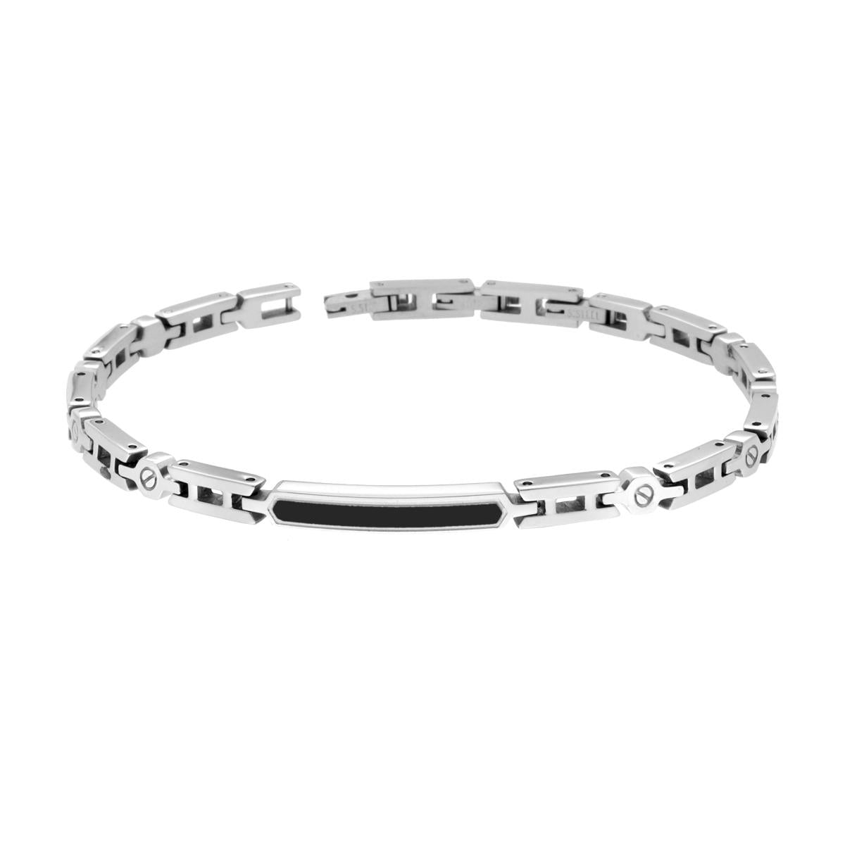 Bracciale Uomo Catena Imperniata con Targa Nera in ACCIAIO