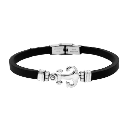 Bracciale Uomo in Caucciu PVC Nero con Ancora e Accessori in ACCIAIO