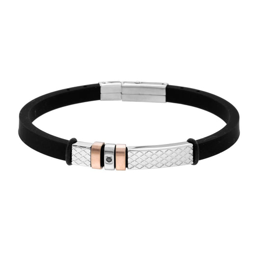 Bracciale Uomo in Caucciu PVC Nero e Targa con dettagli Geometrici e Crystal Nero in ACCIAIO