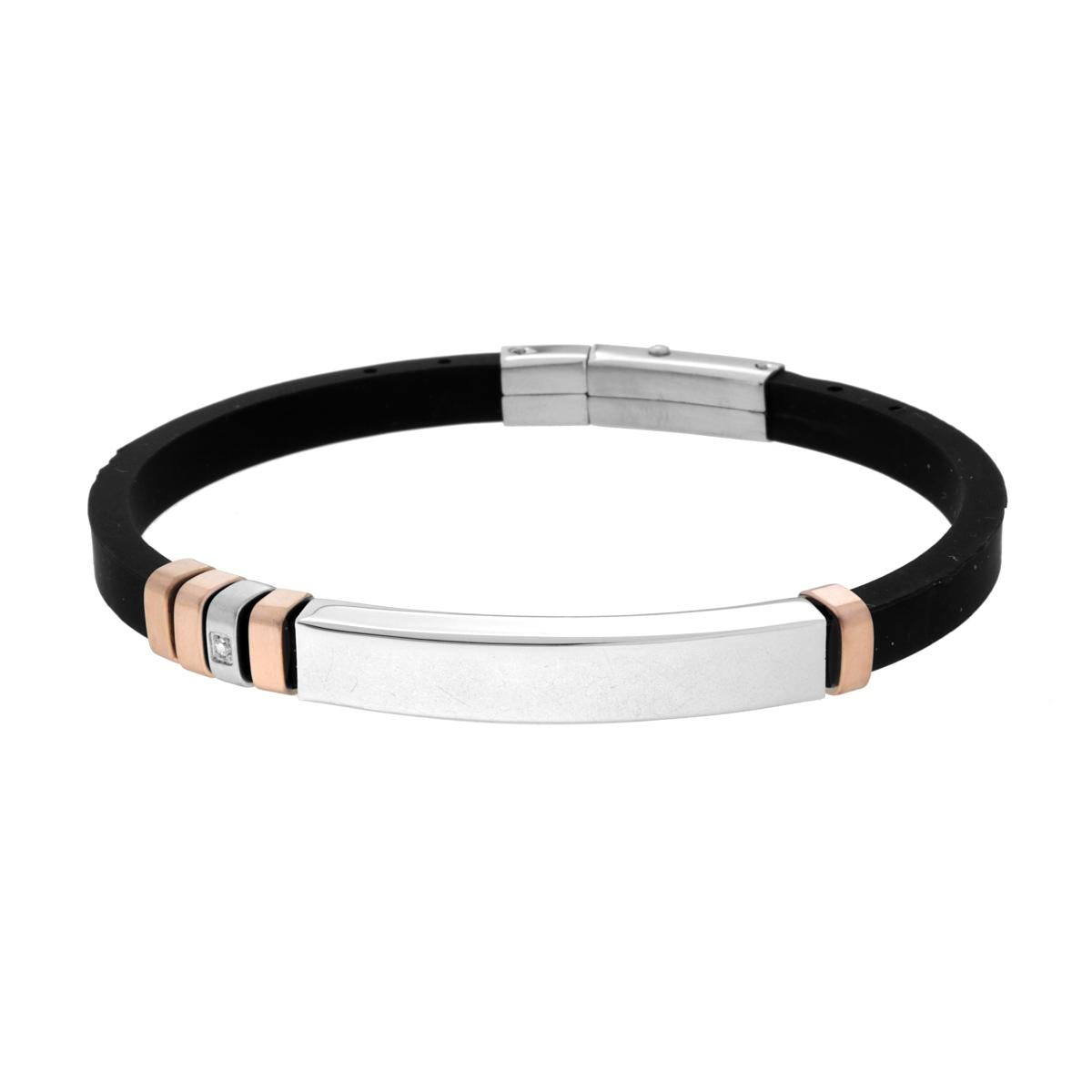 Bracciale Uomo in Caucciu PVC Nero con Targa e Crystal Bianco in ACCIAIO