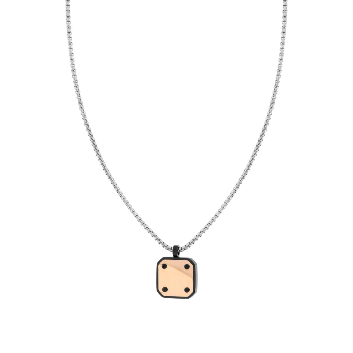Collana Uomo Catena Veneziana Tonda con Piastra Quadrata Rosa e Nero in ACCIAIO