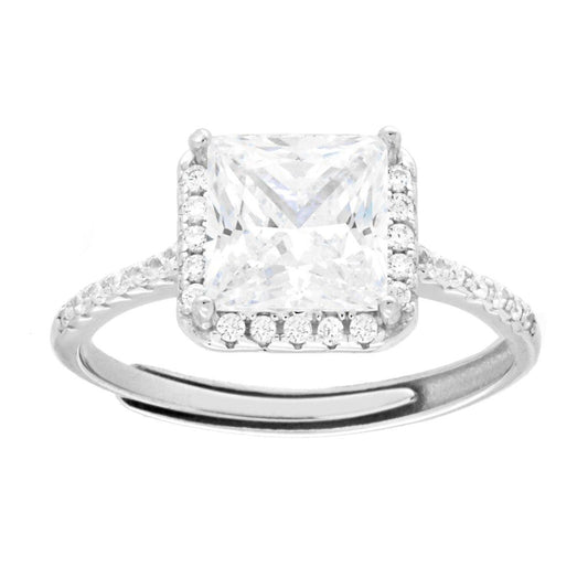 Anello Solitario con Cubic Zirconia quadrato Bianco in ARGENTO 925 Galvanica Rodio