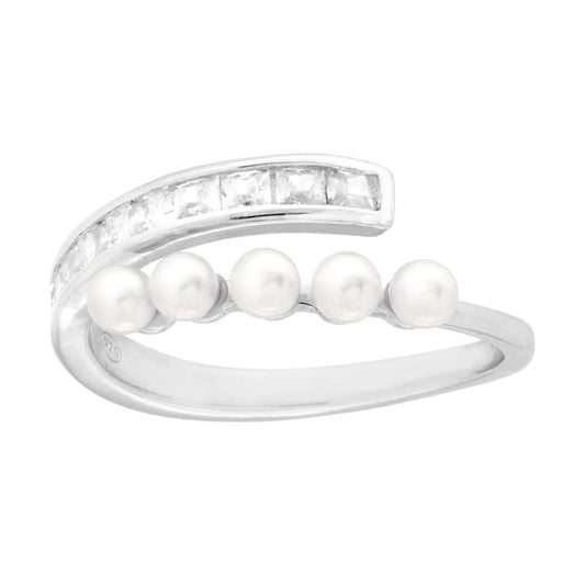 Anello Contrarie con Cubic Zirconia Carre Bianchi e Perle in Vetro Perlato in ARGENTO 925 Galvanica Rodio