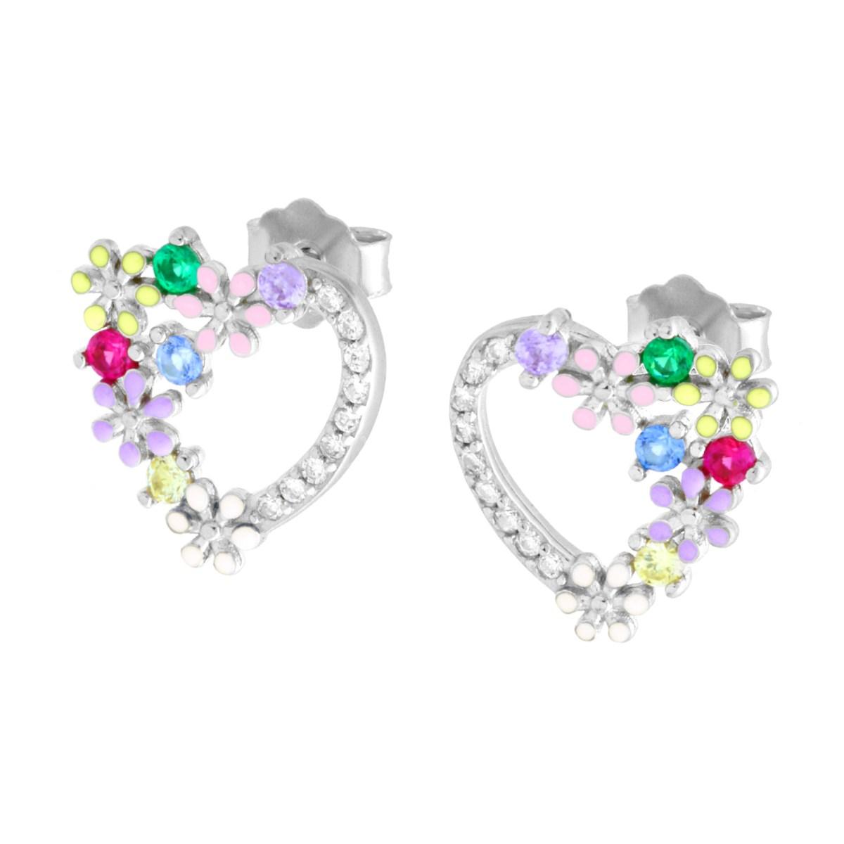Orecchini Cuore con Fiori smalto e Cubic Zirconia Multicolor in ARGENTO 925 Galvanica Rodio