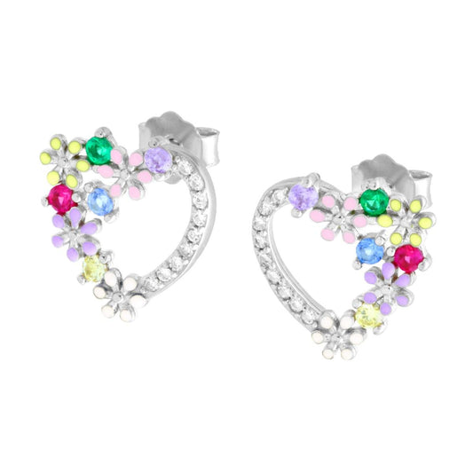 Orecchini Cuore con Fiori smalto e Cubic Zirconia Multicolor in ARGENTO 925 Galvanica Rodio