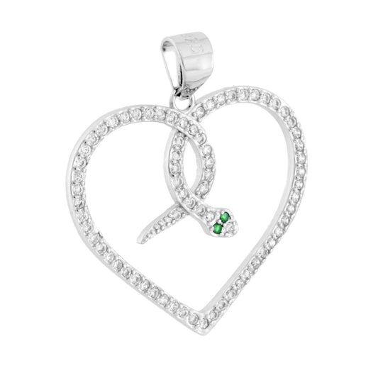 Ciondolo Cuore Serpente con Cubic Zirconia Bianchi e Verde Smeraldo in ARGENTO 925 Galvanica Rodio