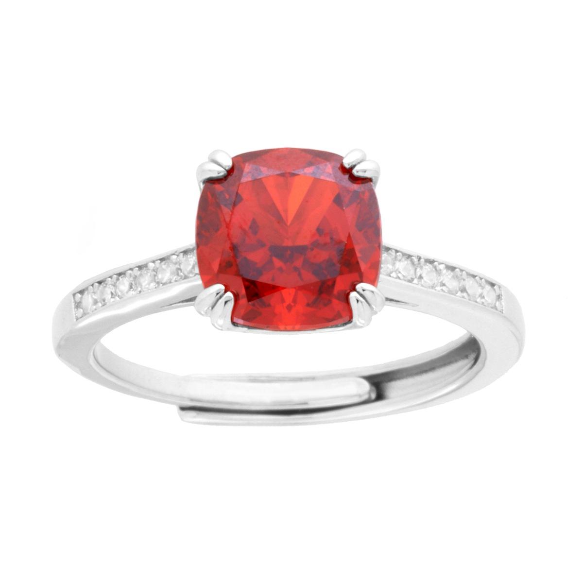 Anello Solitario Quadrato Rosso Rubino con Cubic Zirconia Bianchi in ARGENTO 925 Galvanica Rodio