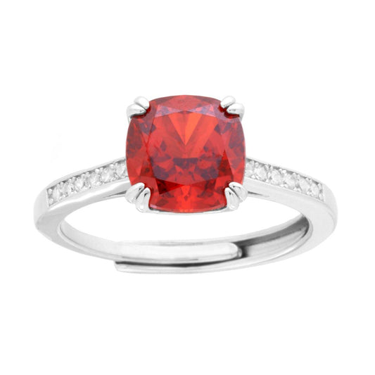 Anello Solitario Quadrato Cushion Rosso Rubino con Cubic Zirconia Bianchi in ARGENTO 925 Galvanica Rodio