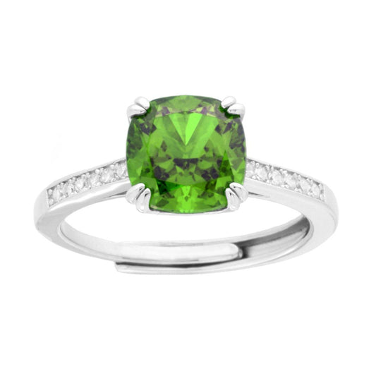 Anello Solitario Quadrato Verde Peridoto con Cubic Zirconia Bianchi in ARGENTO 925 Galvanica Rodio