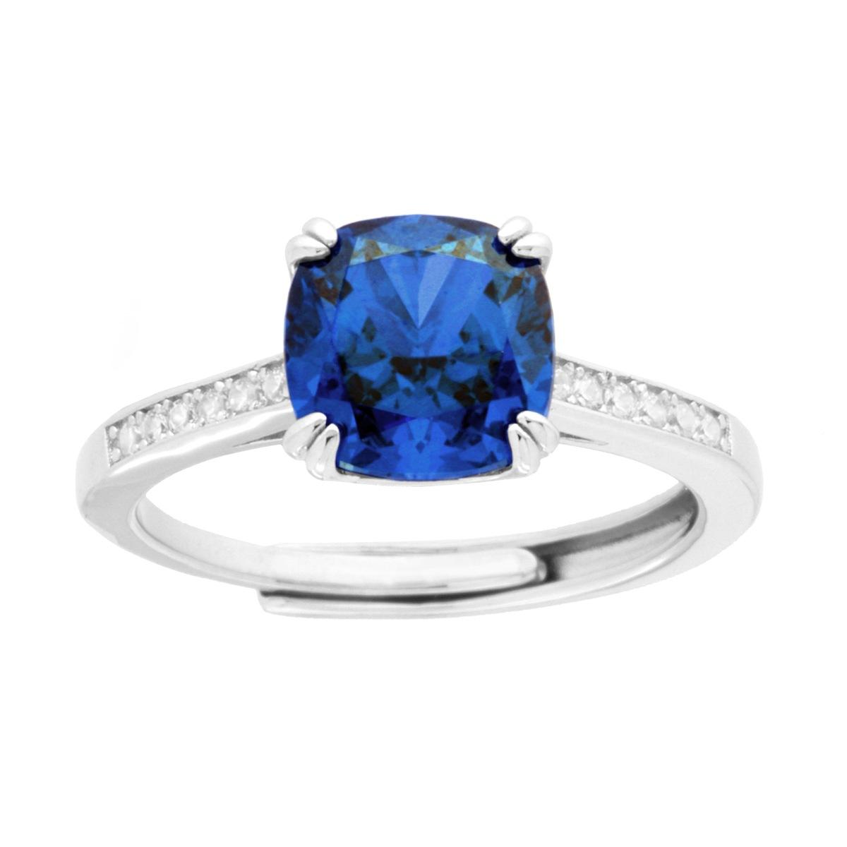 Anello Solitario Quadrato Blu Zaffiro con Cubic Zirconia Bianchi in ARGENTO 925 Galvanica Rodio