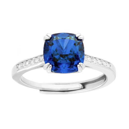 Anello Solitario Quadrato Blu Zaffiro con Cubic Zirconia Bianchi in ARGENTO 925 Galvanica Rodio