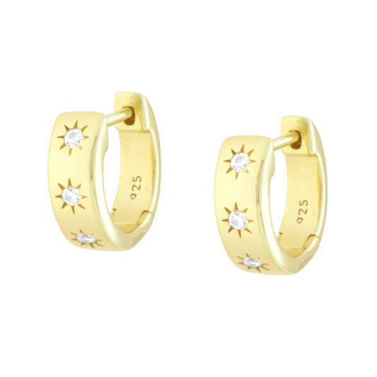 Orecchini Cerchio scattino con Stelle Cubic Zirconia Bianchi in ARGENTO 925 Galvanica Oro