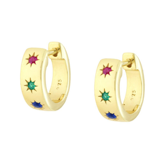 Orecchini Cerchio scattino con Stelle Cubic Zirconia Multicolor in ARGENTO 925 Galvanica Oro