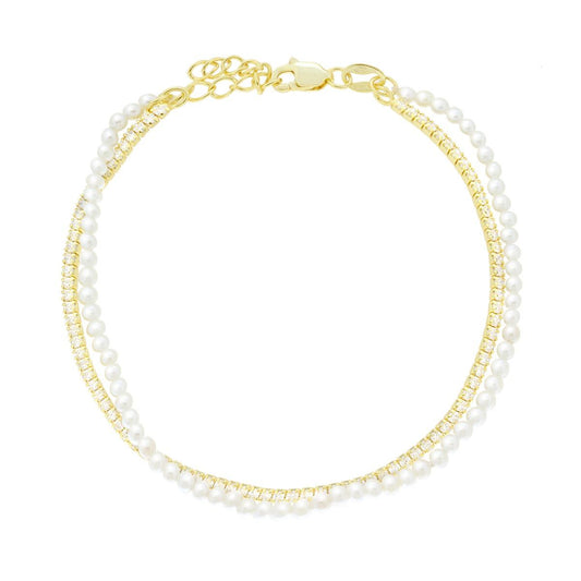 Bracciale due Fili Perla e Tennis con Cubic Zirconia Bianchi in ARGENTO 925 Galvanica Oro