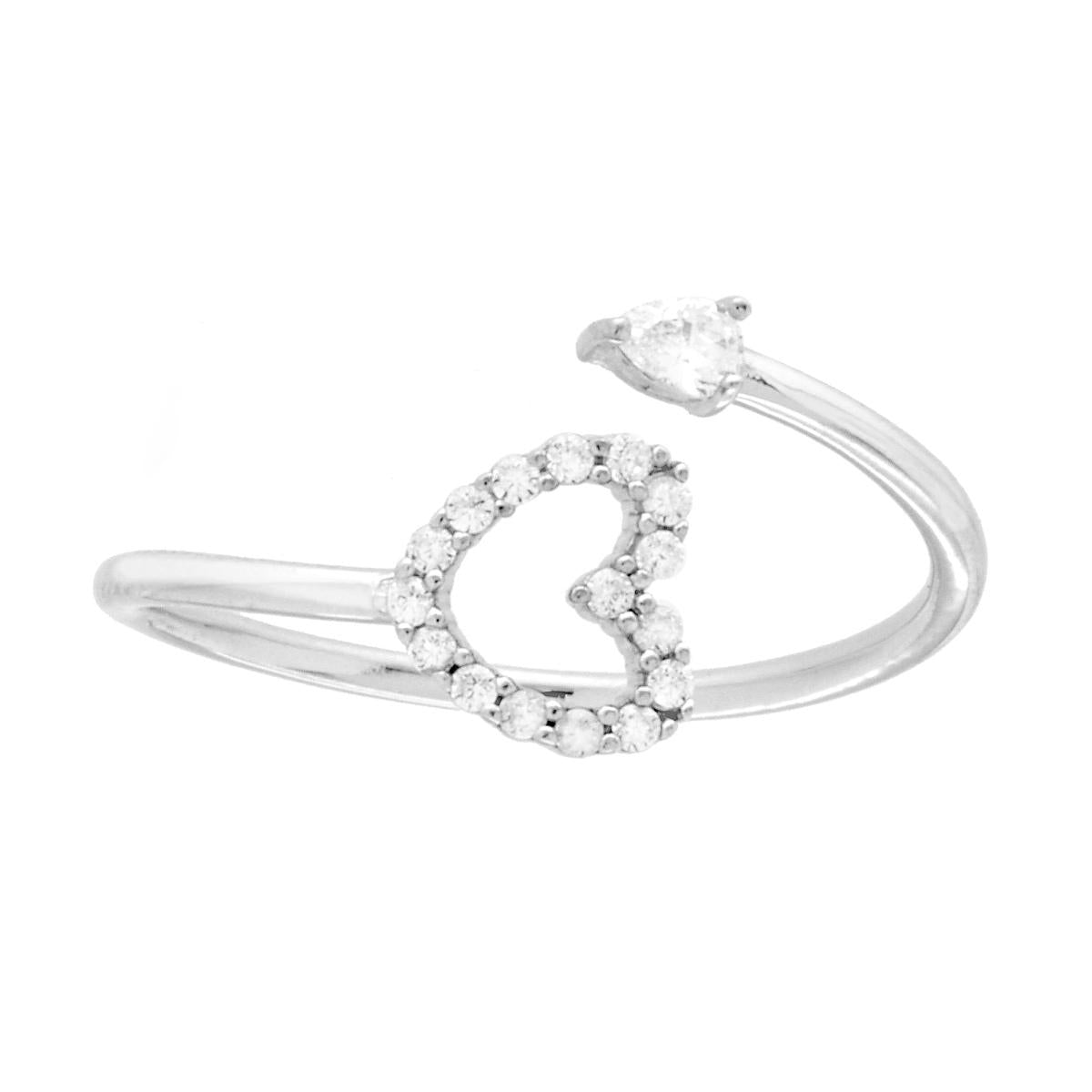 Anello Contrarie Cuore e Punto Luce con Cubic Zirconia Bianchi in ARGENTO 925 Galvanica Rodio