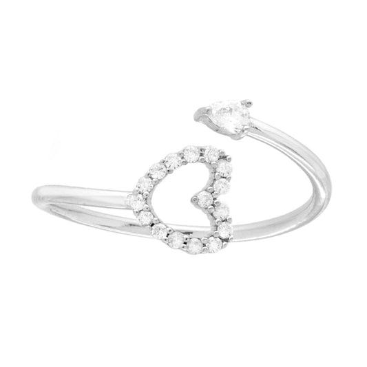 Anello Contrarie Cuore e Punto Luce con Cubic Zirconia Bianchi in ARGENTO 925 Galvanica Rodio