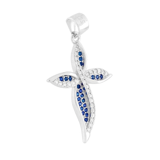 Ciondolo Croce con Foglie e Cubic Zirconia Blu Zaffiro e Bianchi in ARGENTO 925 Galvanica Rodio