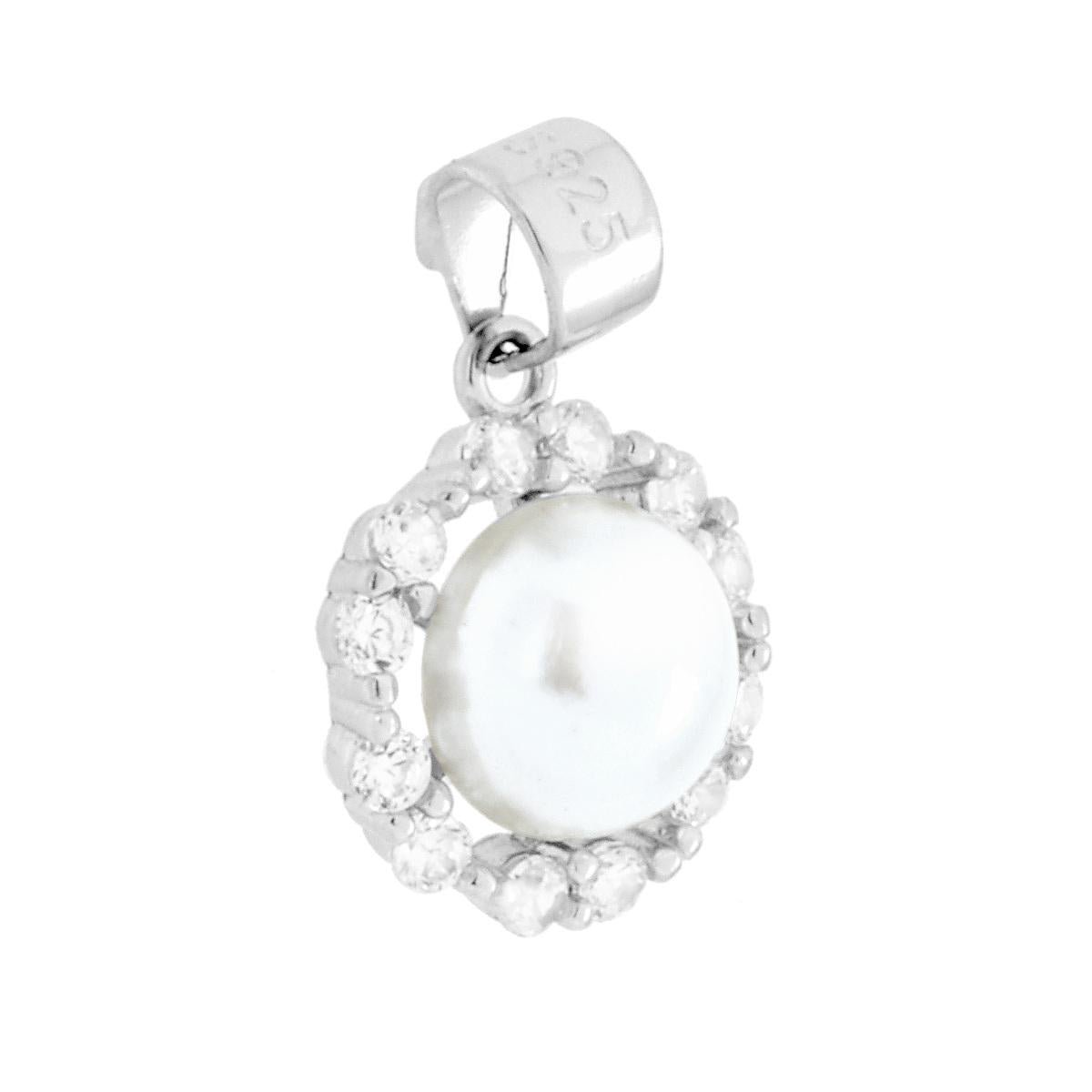 Ciondolo Perla contornato da Cubic Zirconia Bianchi in ARGENTO 925 Galvanica Rodio