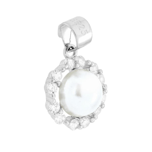 Ciondolo Perla contornato da Cubic Zirconia Bianchi in ARGENTO 925 Galvanica Rodio